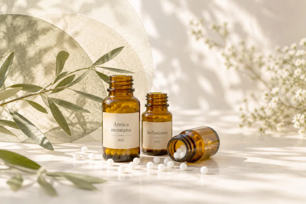 Jantarové lahvičky Arnica montana a Belladonna s rozsypanými globulemi