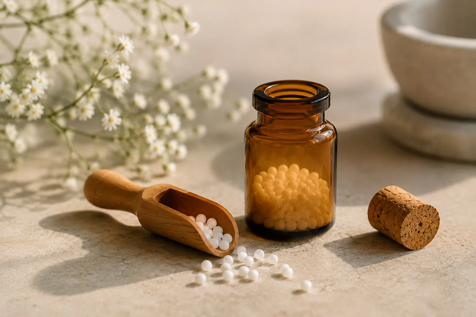 Lahvička s homeopatickými globulemi a dřevěná lžička